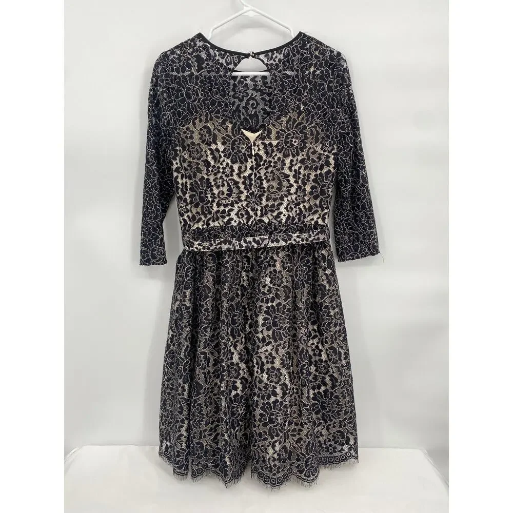 Eliza J Black Lace Overlay Tan Lined Cocktail Dress Belt Long Sleeve 6